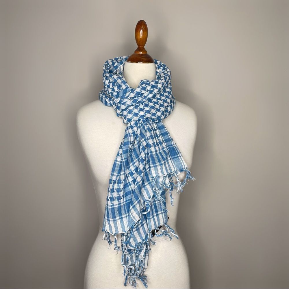 NWT Open Hand Designs Blue & White Check Handloomed Scarf Wrap Fringe Fair Trade